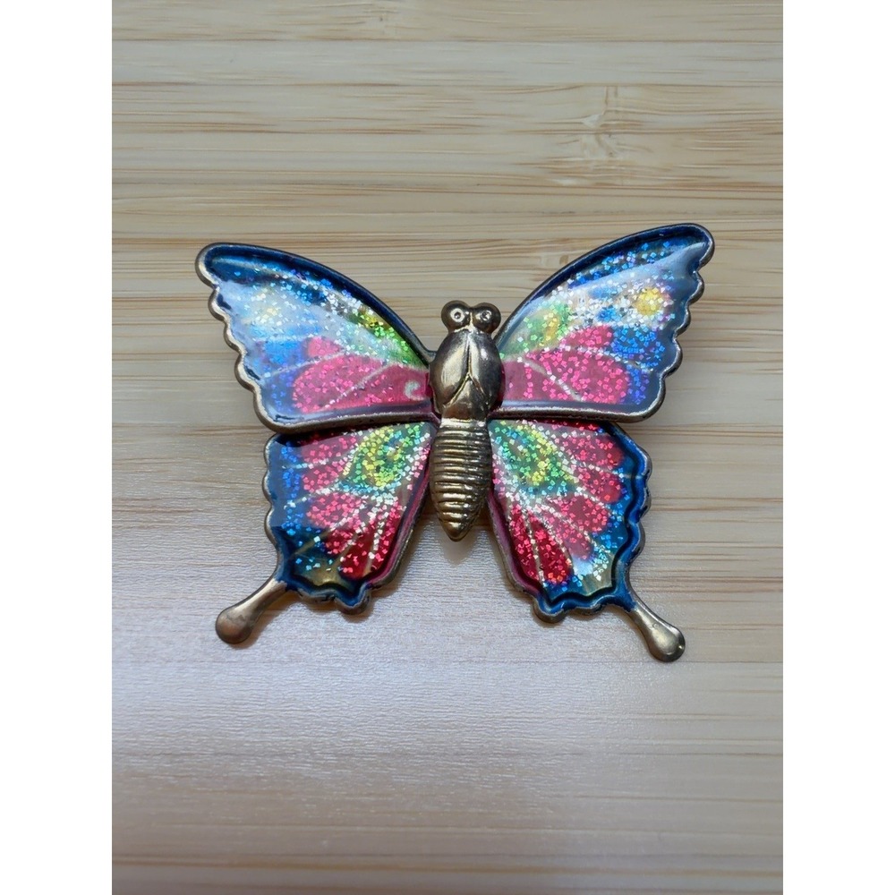 Vintage Style Butterfly Brooch Pin Multicolor Glitter Floral Gold Tone